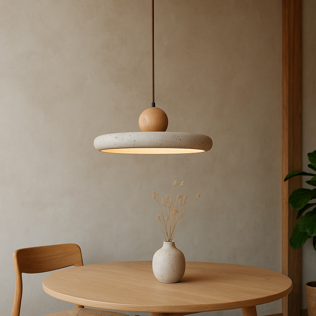 Suspension en travertin bois LED Ø30cm beige salle à manger design scandinave minimaliste pierre naturelle suspension éclairage | Restfield