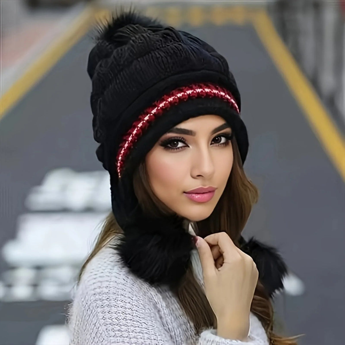 Lined Winter Hat with Faux Fur Pom-Pom and Ear Flaps, Knitted Beanie Ski Hat, Warm Women's Headwear | Sansoti