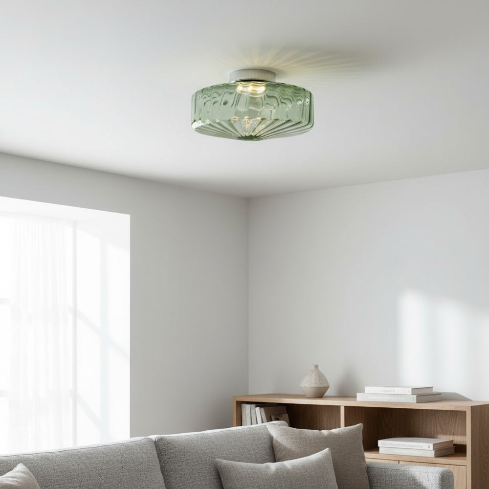 Vintage Geribbeld Glazen Plafondlamp Groen – Klassieke Verlichting voor Eetkamer, Entree & Gang | Sansoti