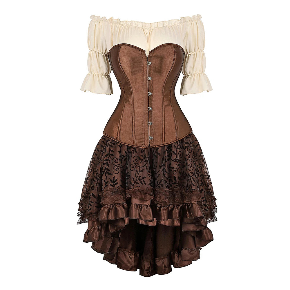 Pirate Corset Costume Set Faux Leather Off-Shoulder Blouse Layered Skirt Steampunk Gothic Halloween Costume | Sansoti