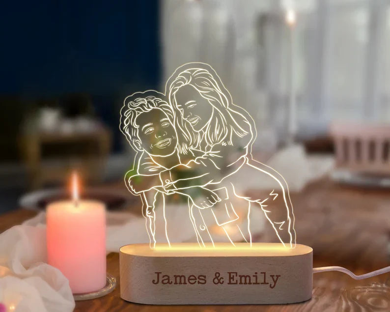 Gepersonaliseerde Foto Lamp met Lijntekening | Nachtlampje met Jouw Herinneringen op Acryl en Hout | Sansoti