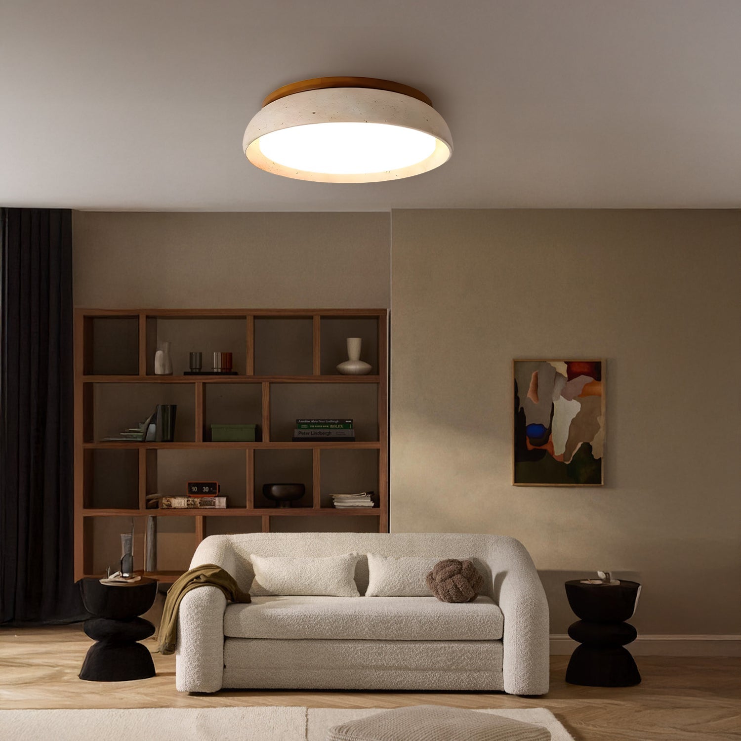 Scandinavische Plafondlamp Travertijn met Houtaccent — Moderne Ronde Opbouwspot Natuursteen en Acryl Inbouw LED Verlichting Warm Wit 3000K Slaapkamer Gang Entree Woonkamer — Ø 30 cm × H 7 cm | Sansoti