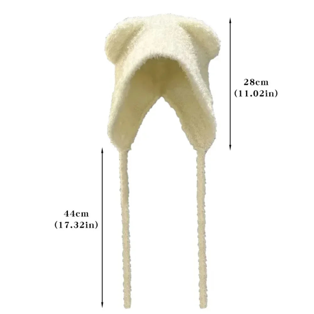 Knitted hooded hat with bear ears wool women's winter warm knitted tie band one size comfortable | Sansoti
