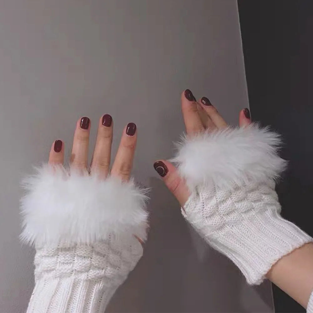 Fingerless Gloves with Faux Fur Wrist Warmer, Wool Hand Warmer, Stretchy, for Colder Days, Winter Comfort | Sansoti