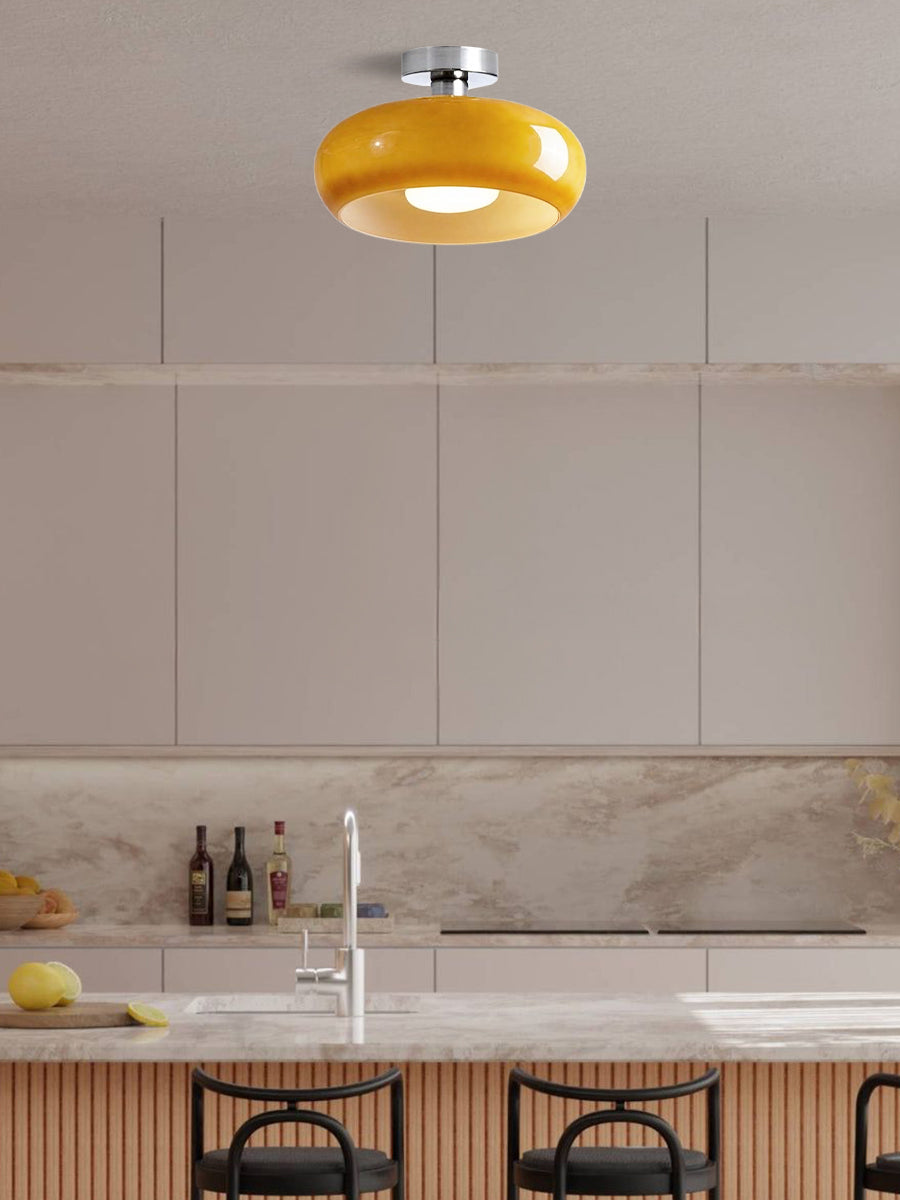 Plafondlamp Glazen Schijf Bauhaus Design Messing of Chroom Oranjegeel of Wit Glas Retro Stijlvolle Verlichting | Sansoti