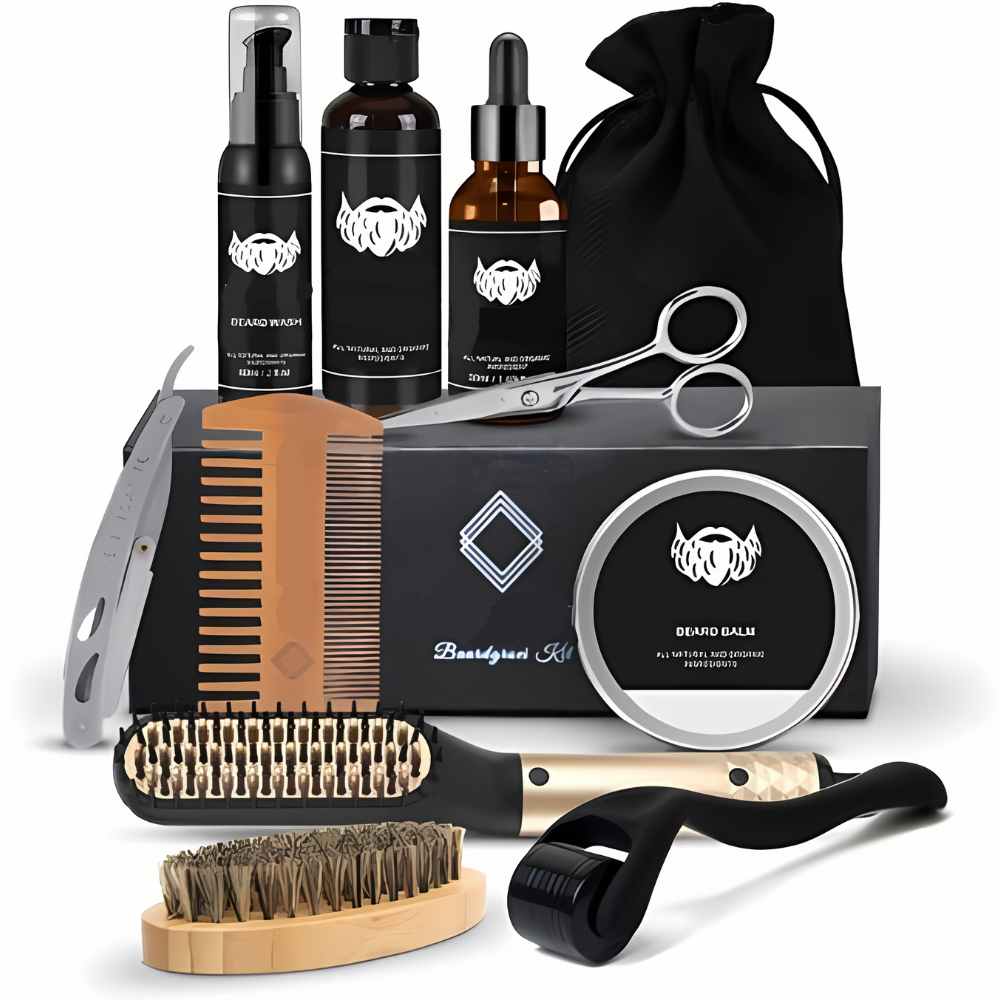 Komplettes Bartpflege-Set für Männer mit Bartbürste, Öl, Conditioner und Dermaroller | Sansoti