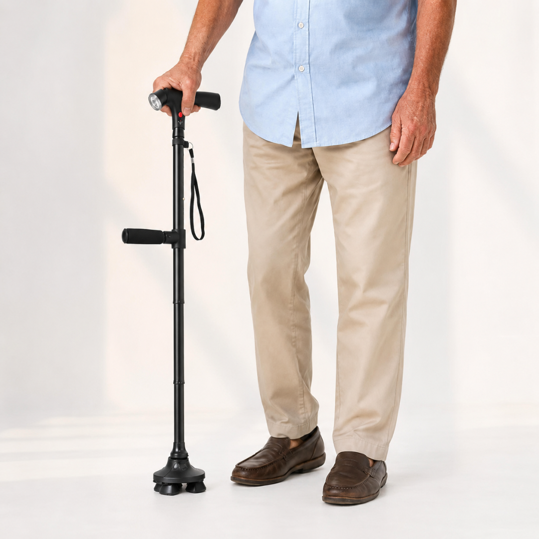 Foldable Quad Cane Aluminum Adjustable with LED Light Alarm 85-95cm Black Mobility | Sansoti