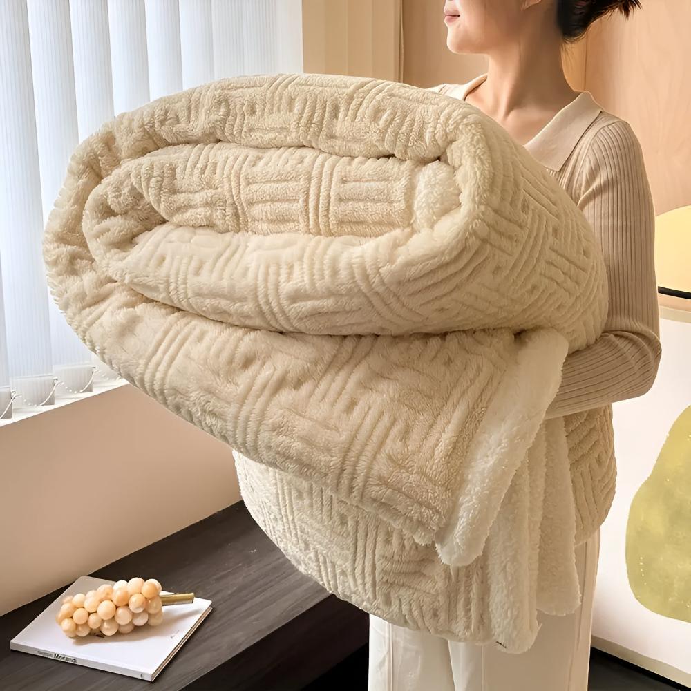 Sherpa Throw Double-Layer Woven Pattern Polyester Soft Warm Beige Gray Pink Green Blue 100-230cm | Sansoti