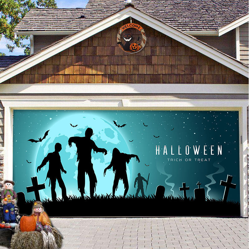 Halloween Garagedeur Decoratie Spookachtige Bedrukking Schaduwdoek Herbruikbaar Horror Sfeer Doek Waterdicht Buiten Feestversiering | Sansoti