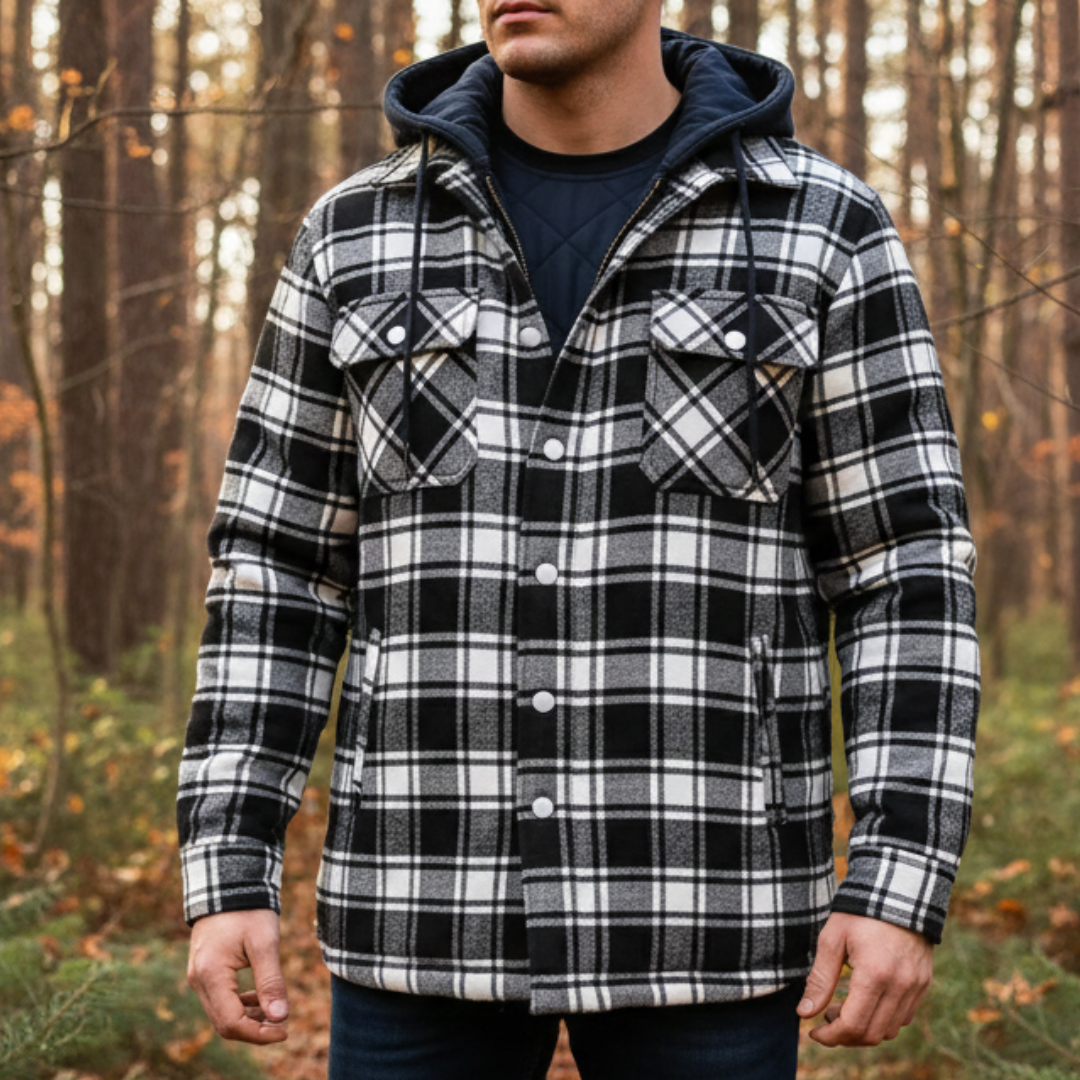 Gefüttertes Overshirt mit Karomuster und abnehmbarer Kapuze, lässige Outdoorjacke für Herren aus Baumwolle und Polyester, warm, komfortabel und stilvoll | Sansoti