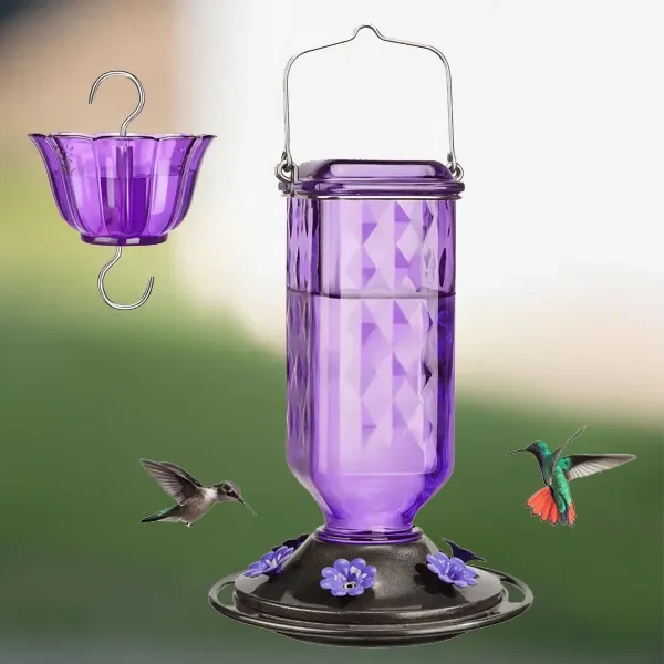 Glas-Kolibri-Futterstation 700ml mit sechs Blumen-Sitzplätzen, Ameisensperre und Aufhängehaken für Gartenvögel | Sansoti