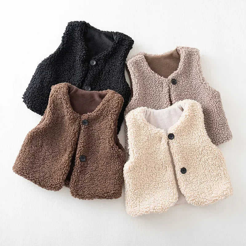 Plush Children's Teddy Faux Fur V-Neck Vest 1-6 Years Boys Girls Autumn Winter Outerwear | Sansoti