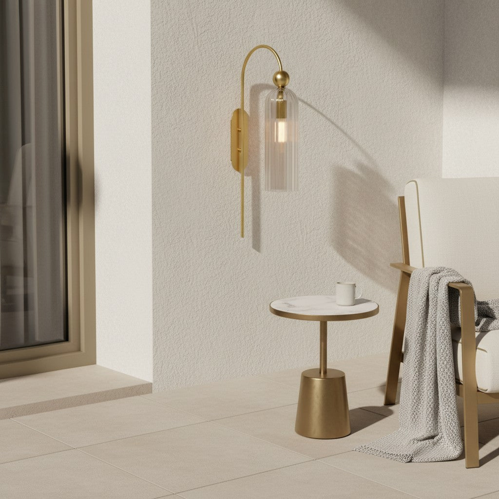 Geribbelde Glazen Wandlamp Cilindervorm met Gouden Fitting voor Gang, Slaapkamer, Woonkamer | Sansoti