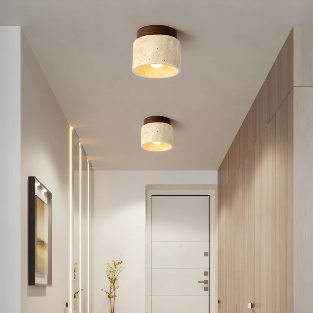 Plafonnier Travertin Cylindre Avec Accent Bois E27 12cm | Restfield
