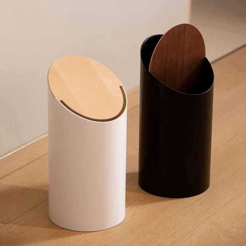 Japandi Trash Bin with Swing Lid – Walnut-Colored Wooden Finish and Minimalist Design – 9L Swing Trash Bin for Bathroom and Office | Sansoti