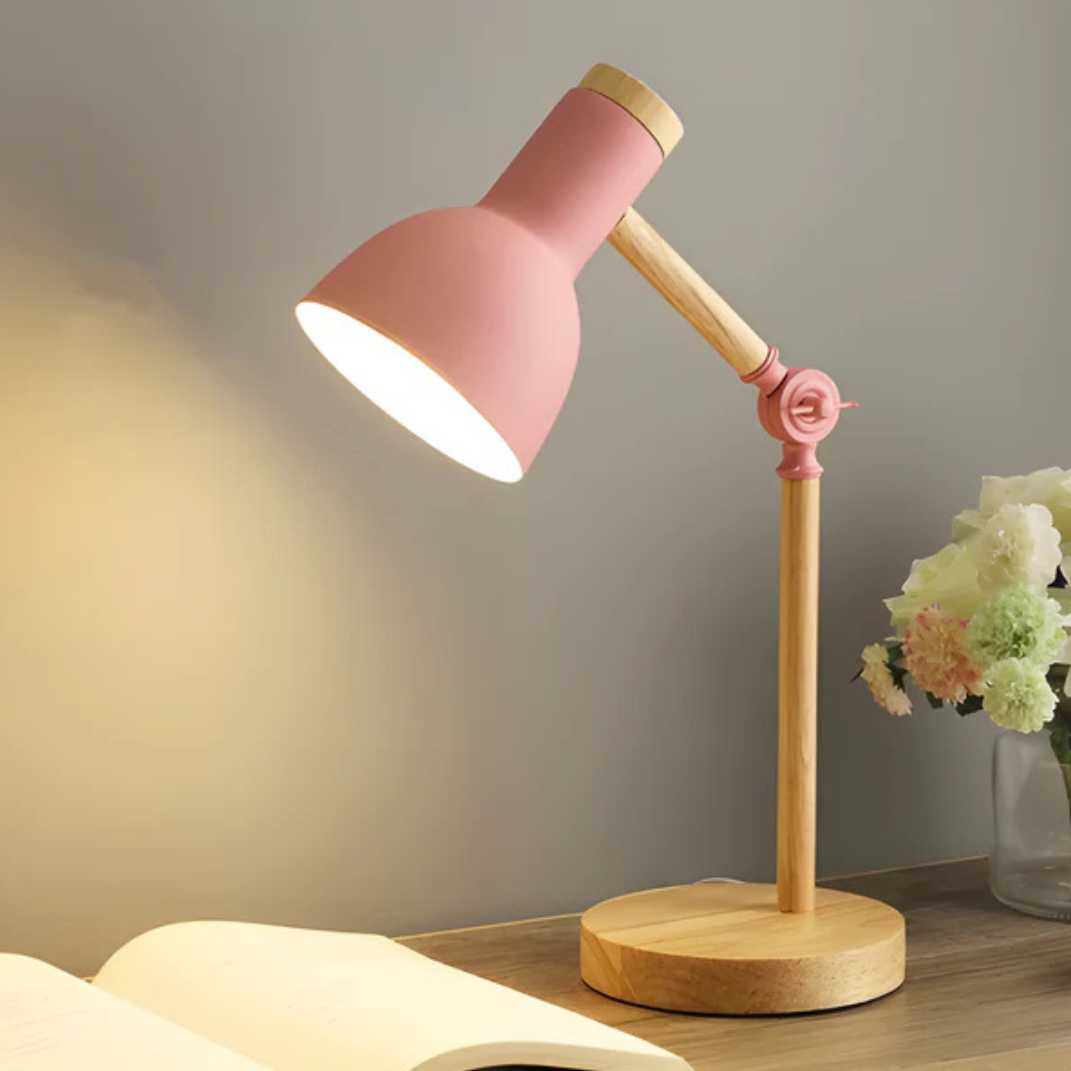 Lampe de table réglable en bois et métal E27, lampe de bureau au design scandinave, liseuse pour espace de travail, éclairage d’ambiance à intensité variable | Sansoti