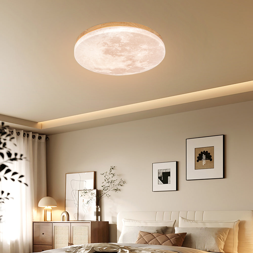LED-Deckenleuchte Mond-Design Holz Acryl Rund 26-48cm Schlafzimmer Wohnzimmer Deckenlampe Mondlampe LED Beleuchtung Modernes Interieur | Restfield
