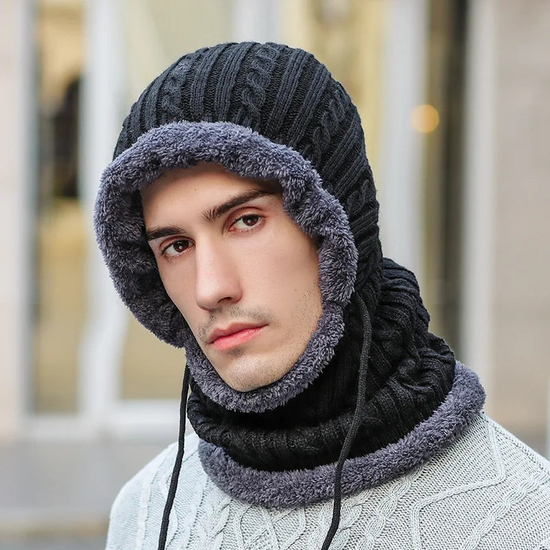 Knitted Balaclava Hat with Scarf Fleece Lined Winter Scarf Neck Warmer Ear Protector Unisex Winter Set | Sansoti
