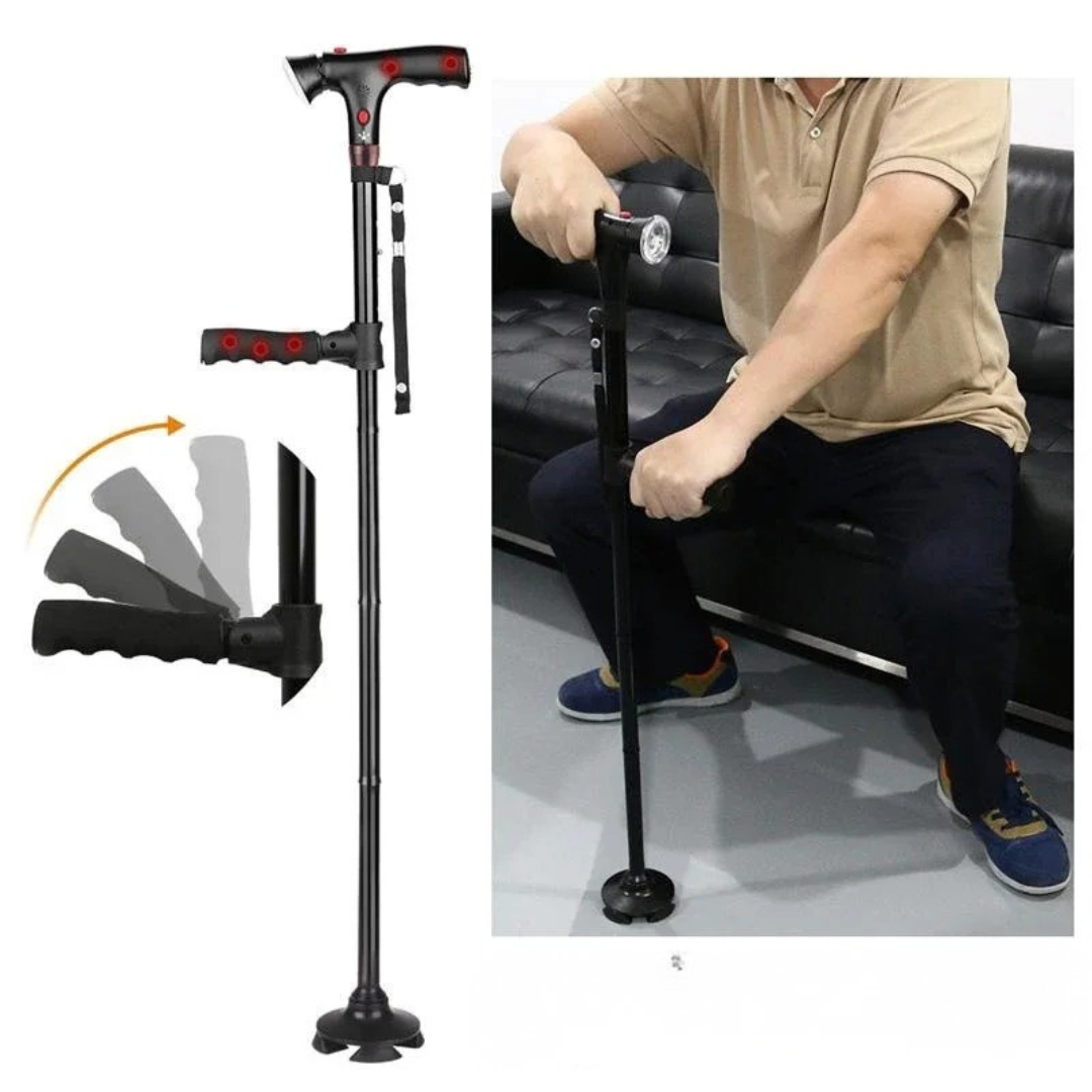 Foldable Quad Cane Aluminum Adjustable with LED Light Alarm 85-95cm Black Mobility | Sansoti