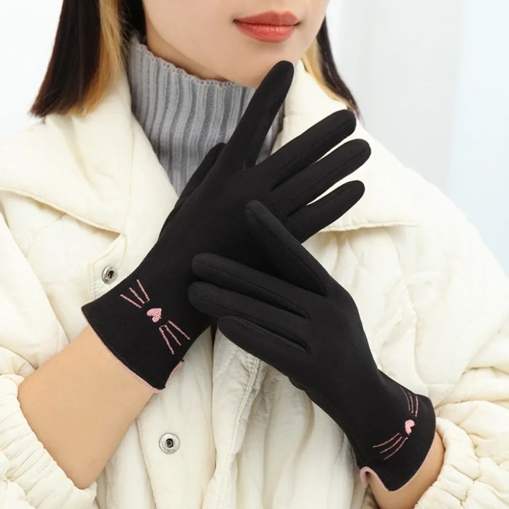Women's Touchscreen Winter Gloves with Cat Print, Fleece-Lined, Warm Stretch Gloves, Gray Beige | Sansoti