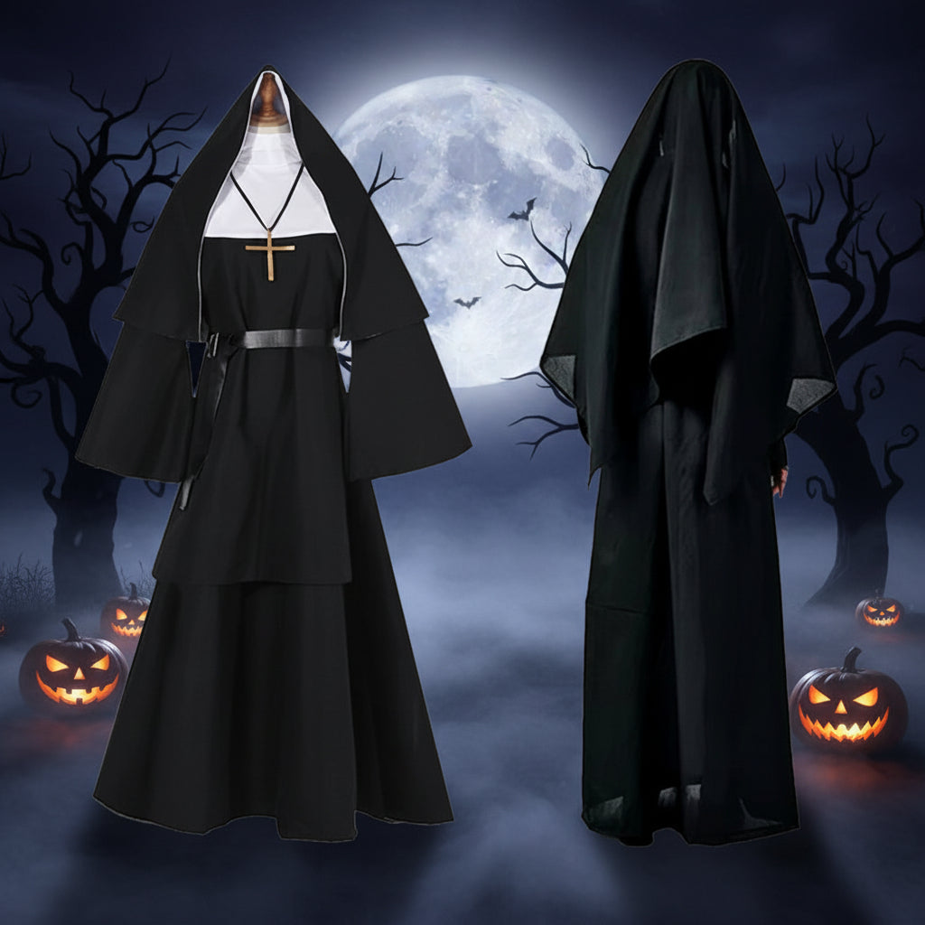 Black Nun Costume for Adults Halloween Dress-Up Outfit Theatrical Cosplay Clothing Carnival Party | Sansoti