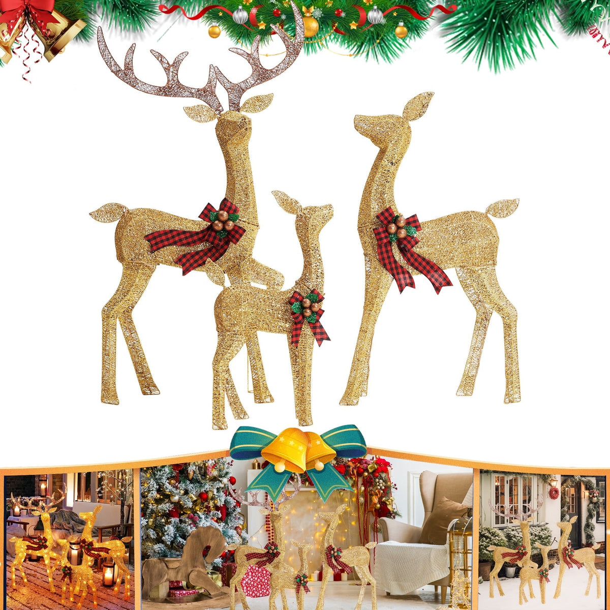Verlichte Rendierenfamilie LED Tuindecoratie Set Waterdicht Kerst Buitenverlichting 3-delig Warm Wit | Sansoti