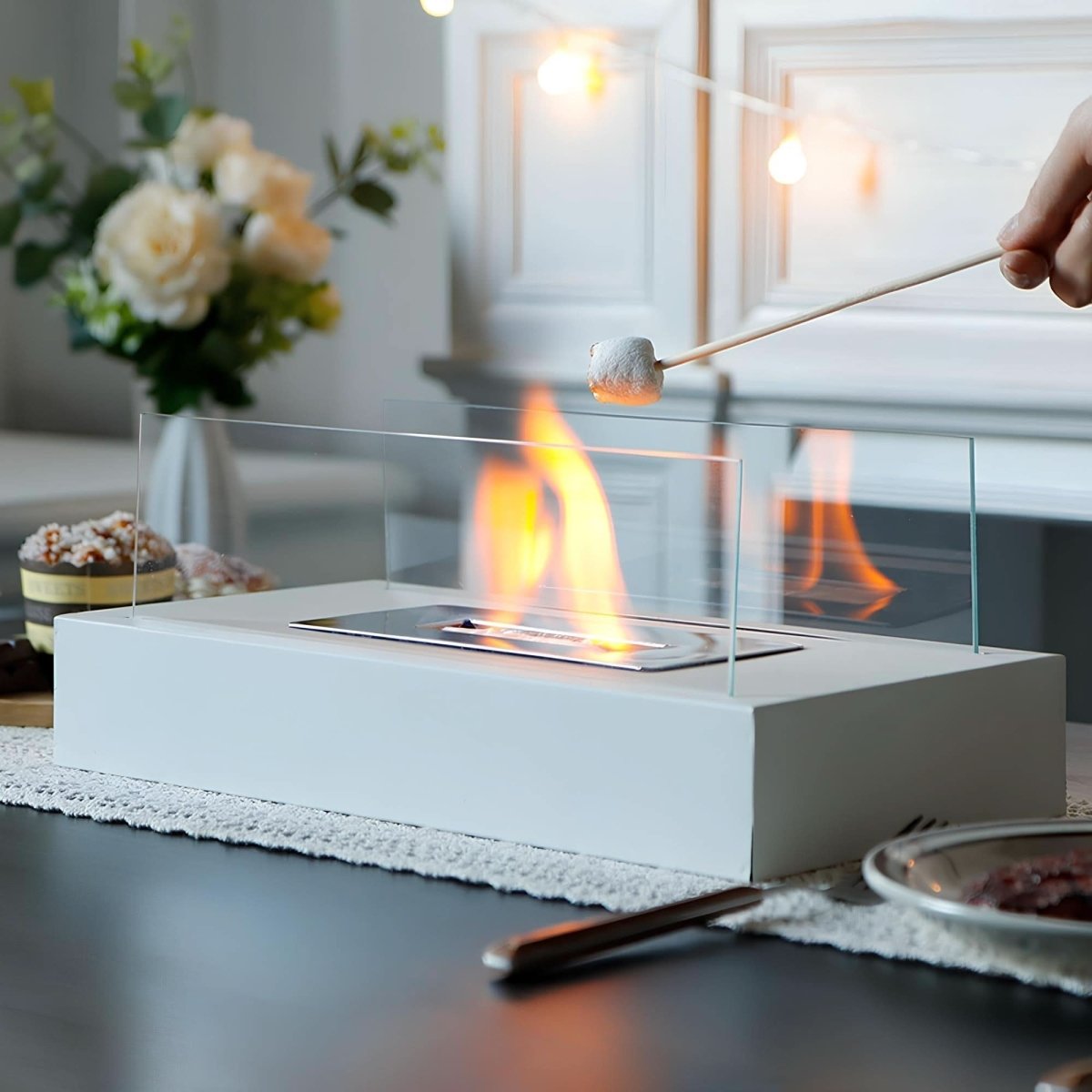 Bioethanol Tafelkachel Draagbaar Gehard Glas & Staal Design voor Binnen & Buiten Rookvrij Sfeerverlichting | Sansoti
