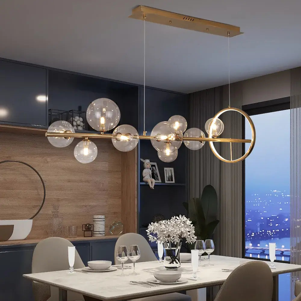 Glass Pendant Lamps Linear - Modern Gold or Black Pendant Lamp with 7 or 10 Light Points - Includes G9 LED Lamps - Adjustable Height for Kitchen Island Dining Table | Sansoti
