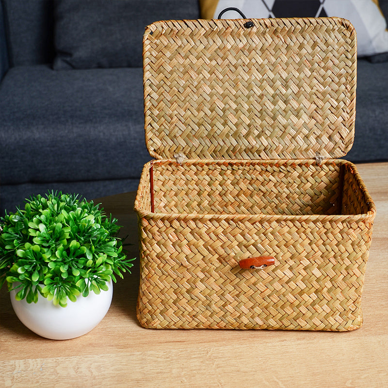 Gevlochten Opbergmand met Deksel Natuurlijk Riet Rechthoekig Beige Organizer Huishouden Opslag Woonkamer | Sansoti