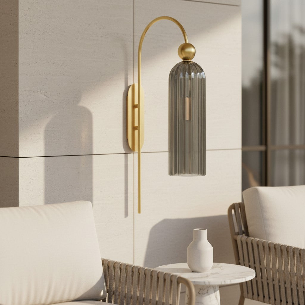 Geribbelde Glazen Wandlamp Cilindervorm met Gouden Fitting voor Gang, Slaapkamer, Woonkamer | Sansoti