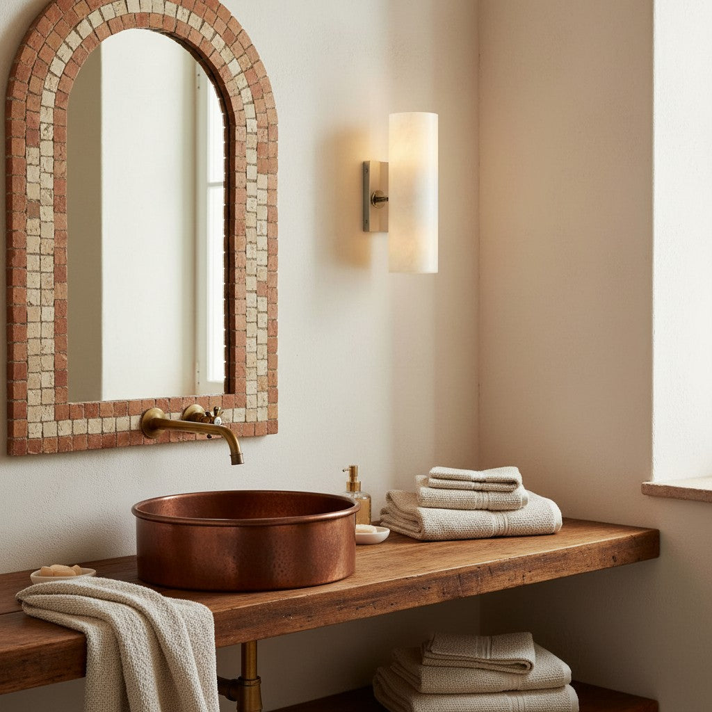 Cilindervormige wandlamp met natuurlijk albast of geribde glazen kap Brons Nikkel Messing | Sansoti