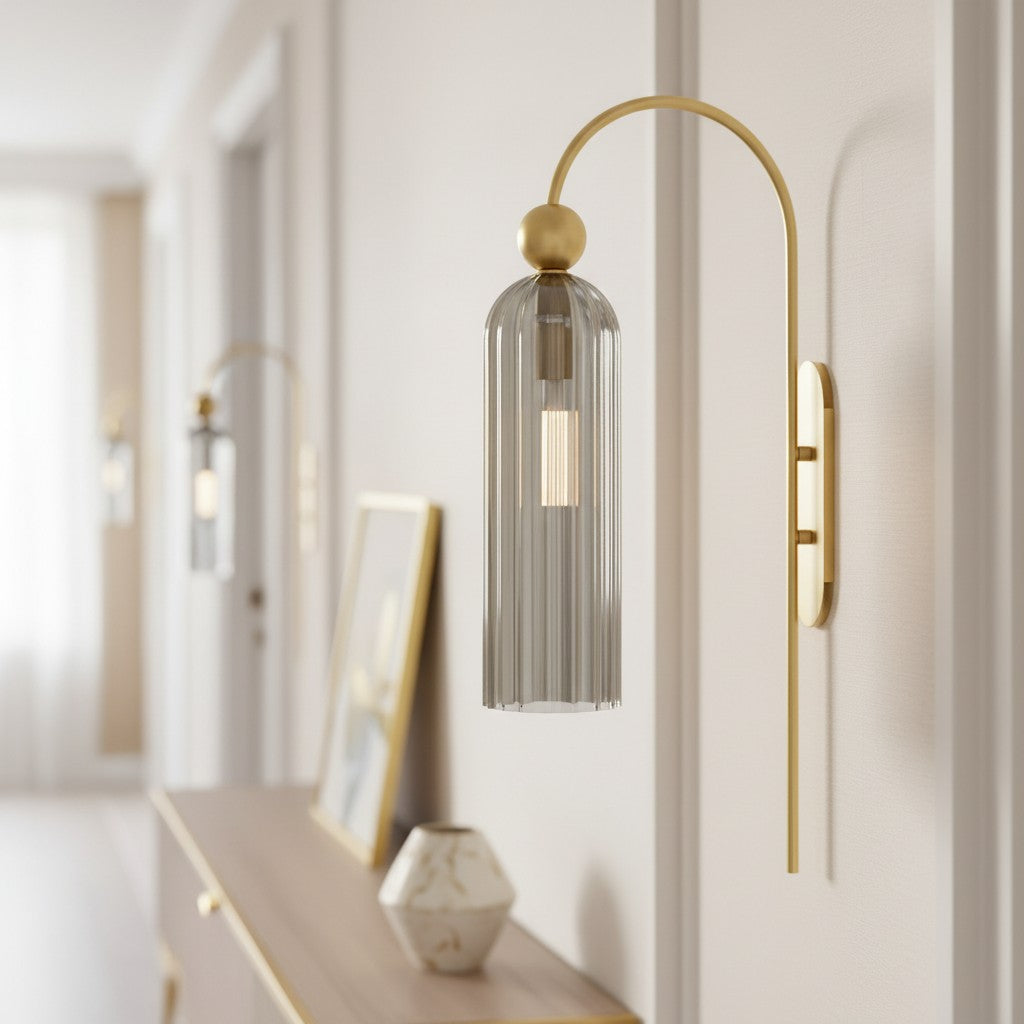 Geribbelde Glazen Wandlamp Cilindervorm met Gouden Fitting voor Gang, Slaapkamer, Woonkamer | Sansoti
