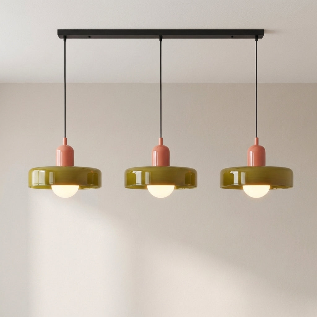 Lampa wisząca z 3 kloszami z kolorowego szkła, design Bauhaus, jadalnia, regulowana, ciepła biel, nowoczesne artystyczne wnętrze | Sansoti