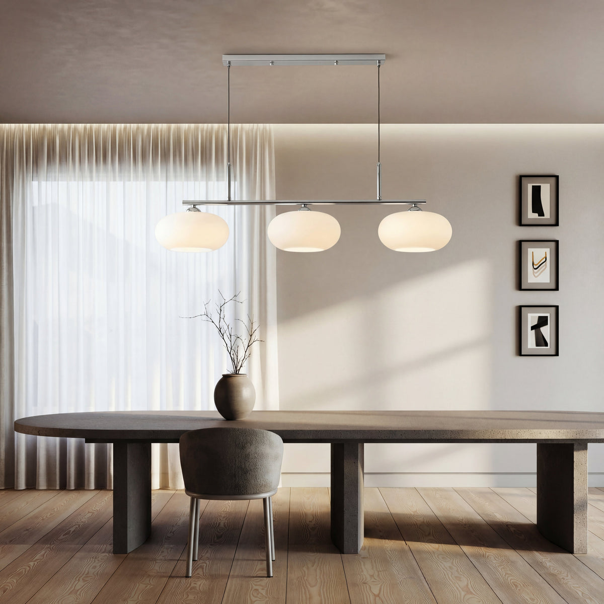 Suspension géométrique à 3 lumières, métal et verre, pour salle à manger et îlot de cuisine, réglable, design scandinave moderne | Sansoti