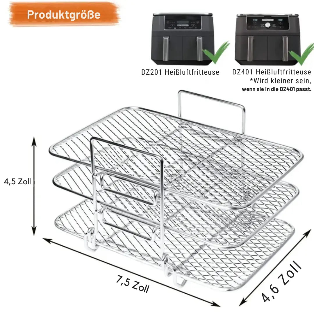 Drielaags Airfryer Rek 22×16×14 cm Roestvrij Staal voor Heteluchtfriteuse Ninja DualZone 8L 10L Uitbreidingsset met Verwijderbare Plateaus | Sansoti