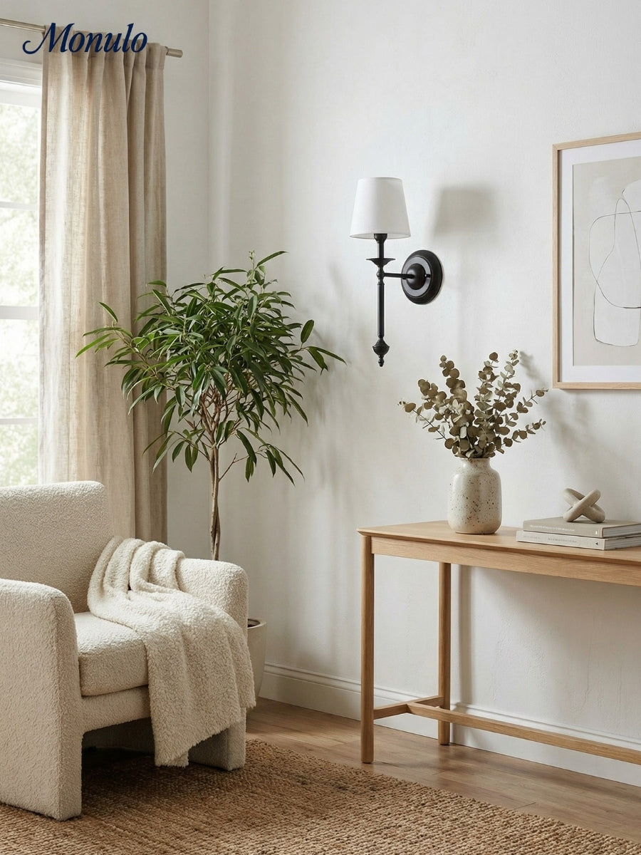 Stoffen Wandlamp met Vintage Koperen Afwerking – Sfeervolle Verlichting voor Hal, Slaapkamer en Woonkamer | Sansoti