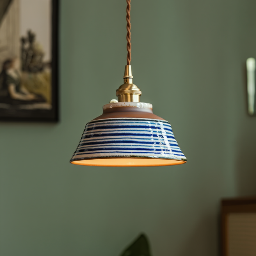 Suspension en céramique peinte à la main design scandinave avec douille en cuivre, motif floral pour table à manger, cuisine et chambre | Restfield