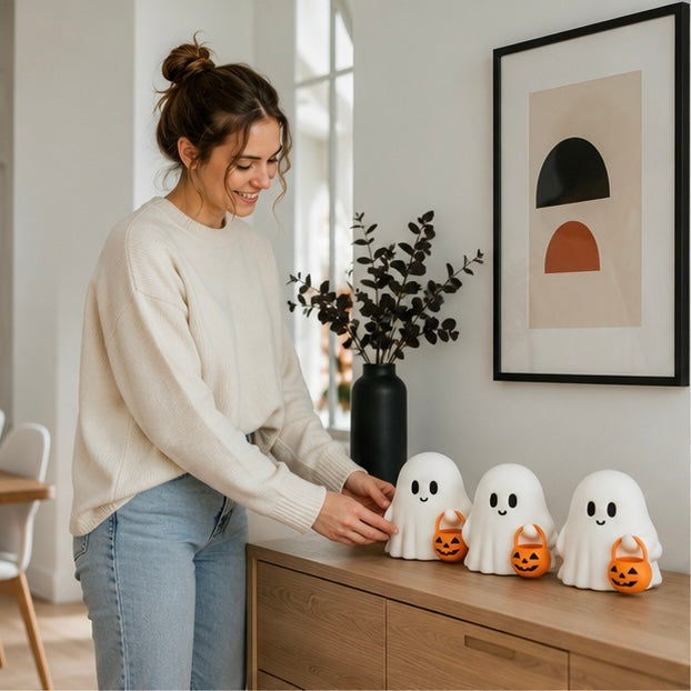 Halloween-Geisterfiguren-Set aus 3 Harzfiguren in Weiß - Herbsttischdekoration für ein festliches Zuhause | Sansoti
