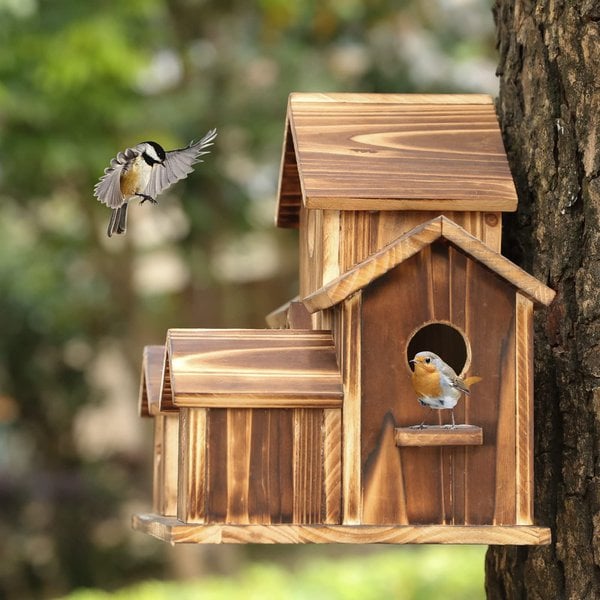 Vogelhuisje Hout 20cm Bruin Hangend Tuin Vogelhuis Nestkast 6 Gaten Buiten Balkon Decoratie Natuur | Sansoti