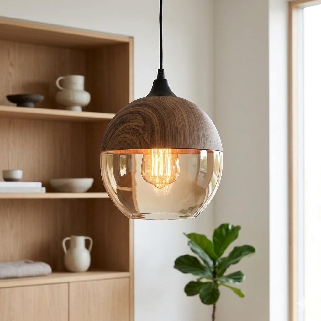 Suspension scandinave en verre effet bois – Éclairage design chaleureux pour salon et salle à manger | Restfield