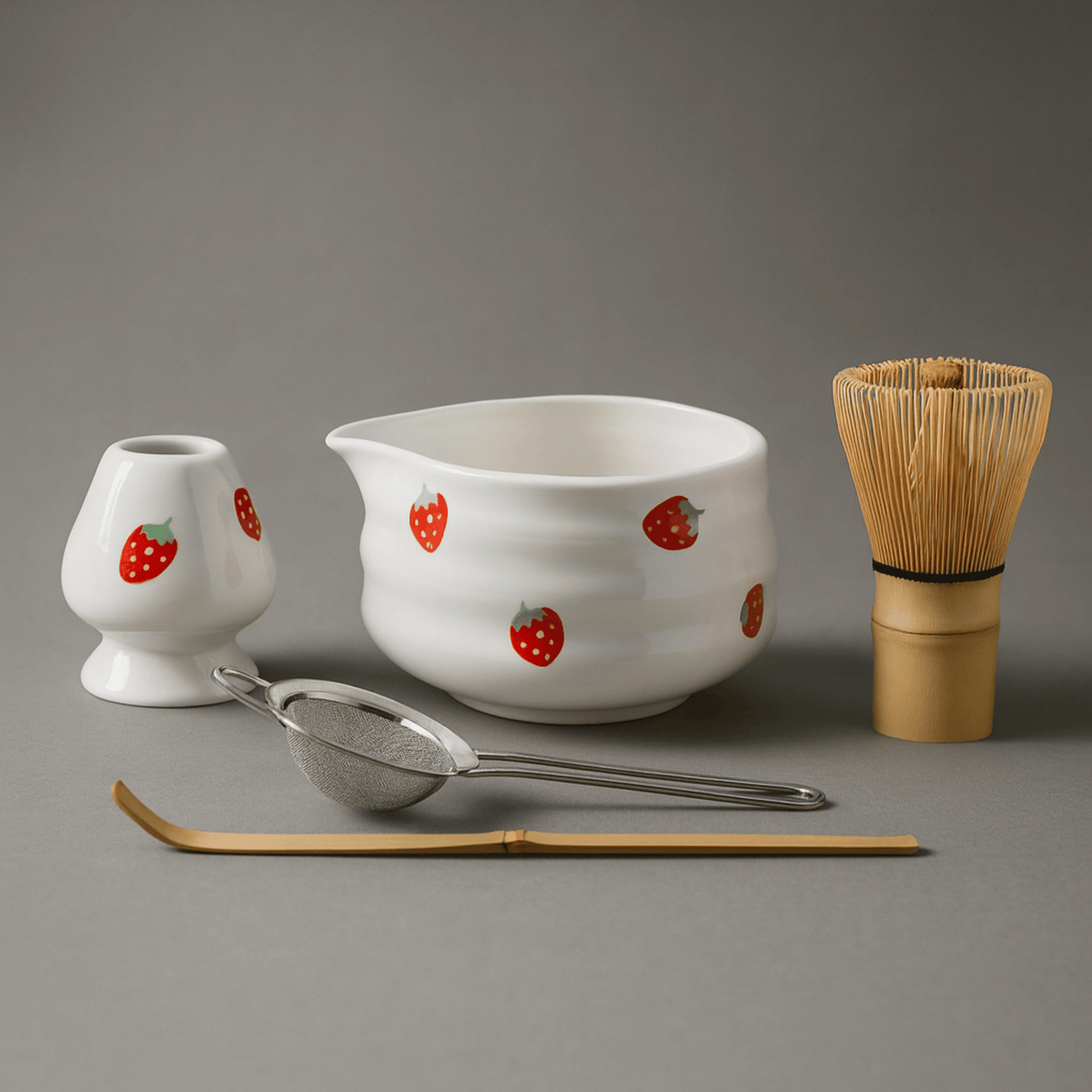 Matcha-Set aus Keramik und Bambus mit Schale, Besen, Sieb, Löffel und Halter, Tee-Zubehör im japanischen Stil für die Zeremonie | Sansoti