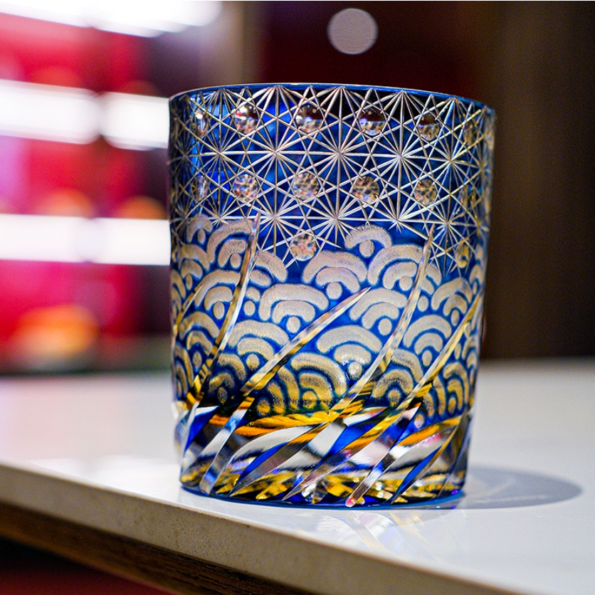 Whiskeyglas Edo Kiriko Blauw Amber Handgemaakt Sterchysant Sterrenzee Japans Kristal | Sansoti