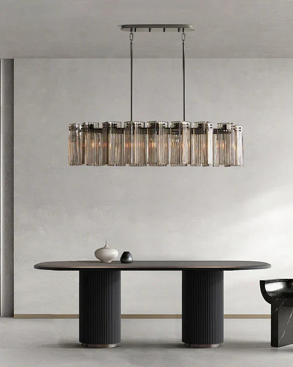 Ovale Kroonluchter Geribbeld Glas Stalen Frame 51-72cm Instelbare Hoogte E12 Fitting Messing Brons Eetkamer | Sansoti
