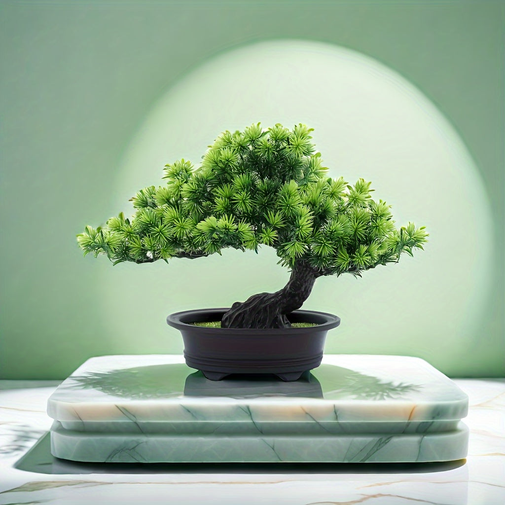 Kunstbonsai 24 cm met zwarte pot, realistische dennennaalden, decoratief groen voor vensterbank, bureau en woonkamer | Sansoti