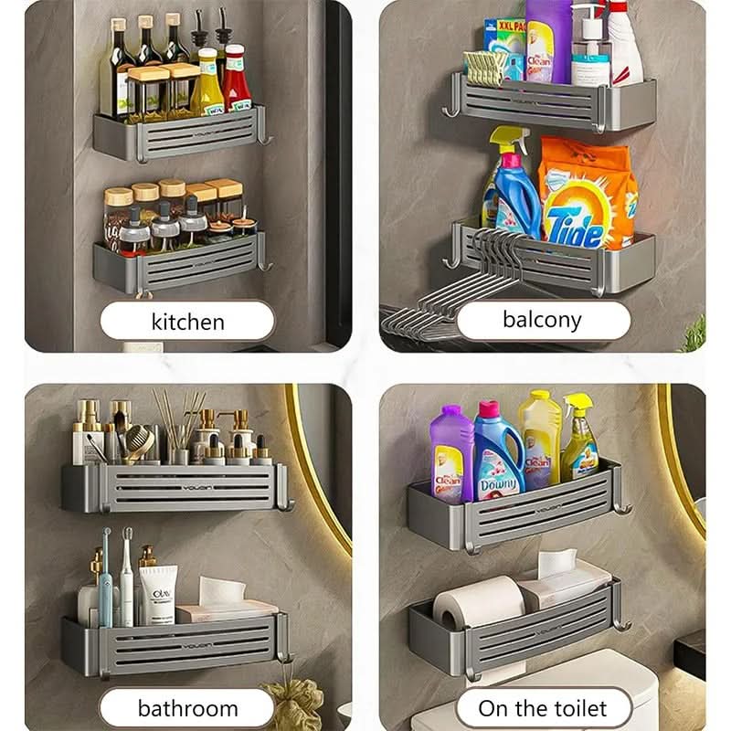 Zelfklevend Aluminium Wandrek Badkamer Organizer Zonder Boren Roestvrij Opbergplank Douche Handdoekhouder | Sansoti