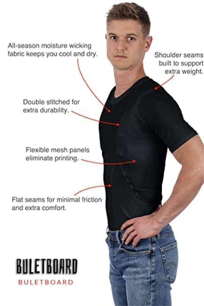 T-shirt tactique avec holsters dissimulés, noir et blanc, élastique, respirant et confortable, pour gauchers et droitiers | Sansoti