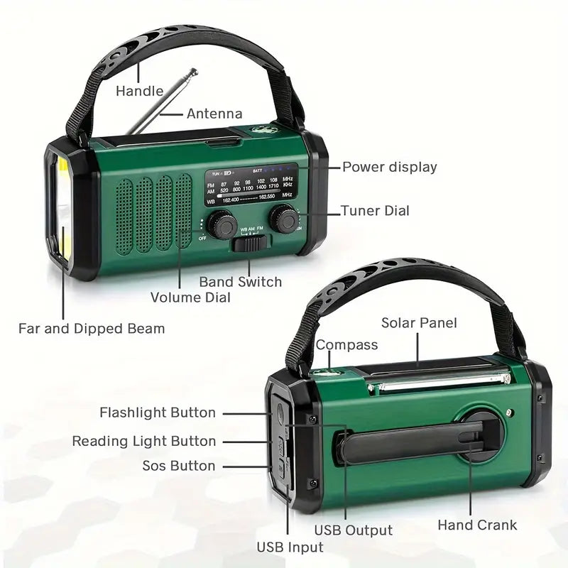 Multifunctionele Dynamo Noodradio 10000mAh Zonnepaneel Handslinger Weeralarm Zaklamp Powerbank Camping | Sansoti