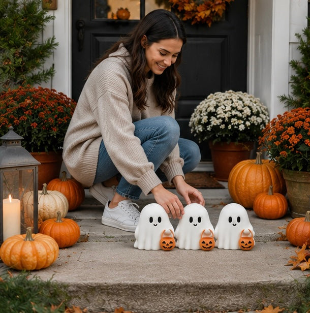Halloween-Geisterfiguren-Set aus 3 Harzfiguren in Weiß - Herbsttischdekoration für ein festliches Zuhause | Sansoti