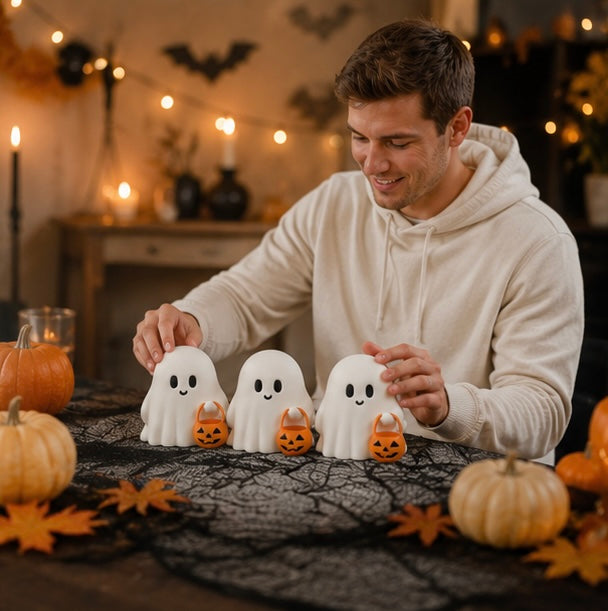 Halloween-Geisterfiguren-Set aus 3 Harzfiguren in Weiß - Herbsttischdekoration für ein festliches Zuhause | Sansoti
