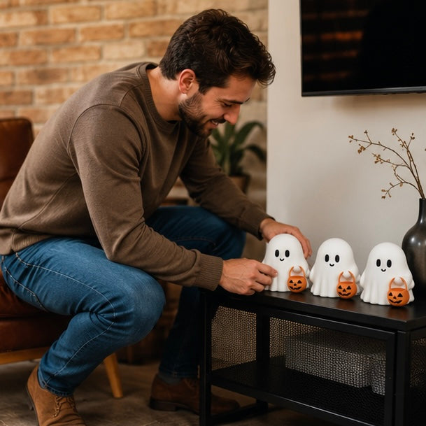 Halloween-Geisterfiguren-Set aus 3 Harzfiguren in Weiß - Herbsttischdekoration für ein festliches Zuhause | Sansoti